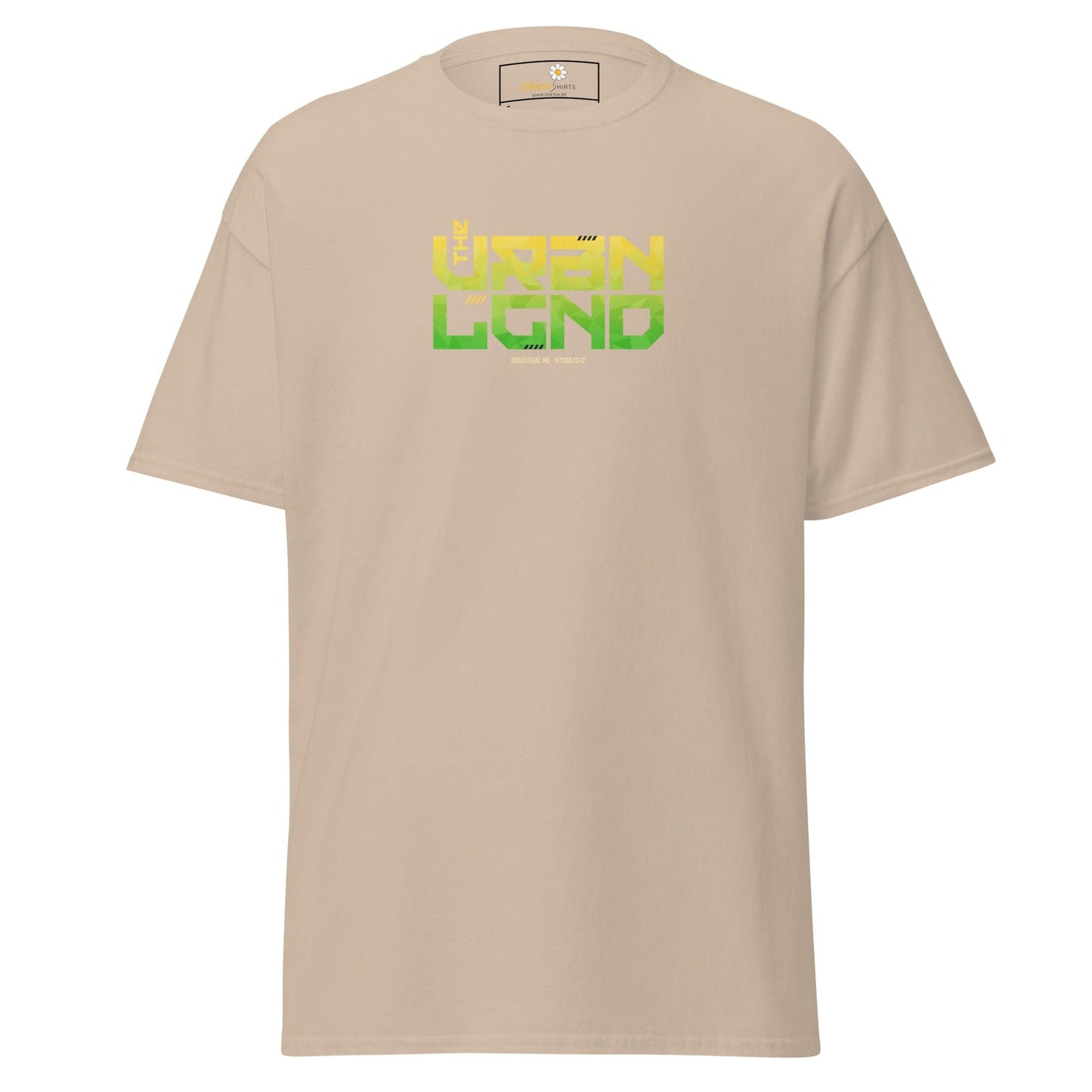Beige T-shirt with green and yellow text from T-SHIRT DESIGN TEE collection for Men and Women