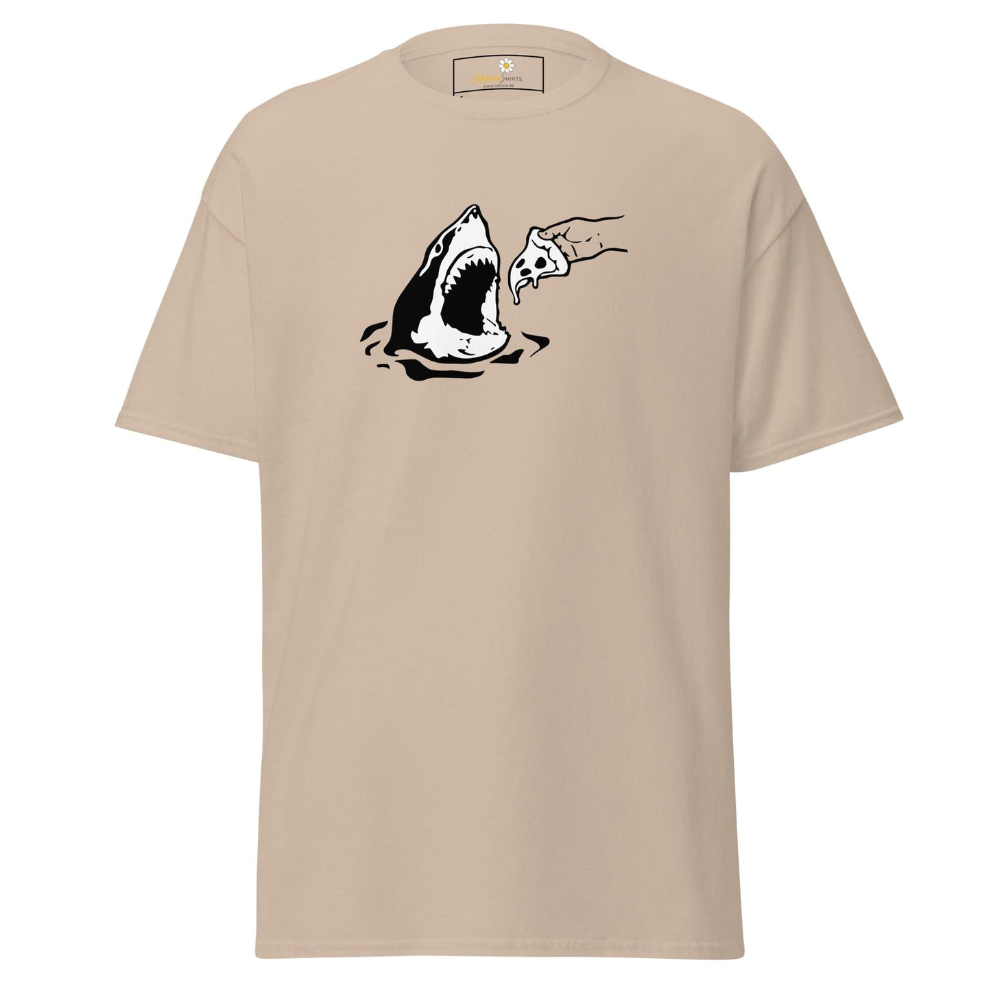 Beige T-Shirt with Shark and Pizza Graphic for Men and Women in Sizes S to XL