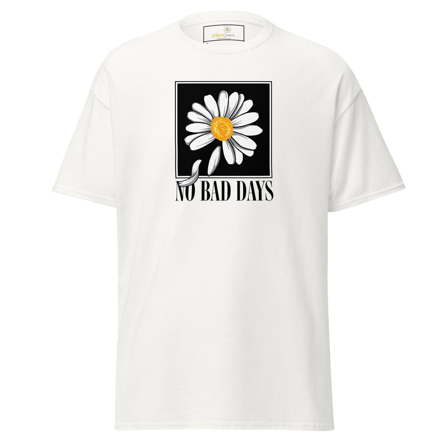 White T-shirt with daisy graphic, suitable for men and women, available in sizes S to XL