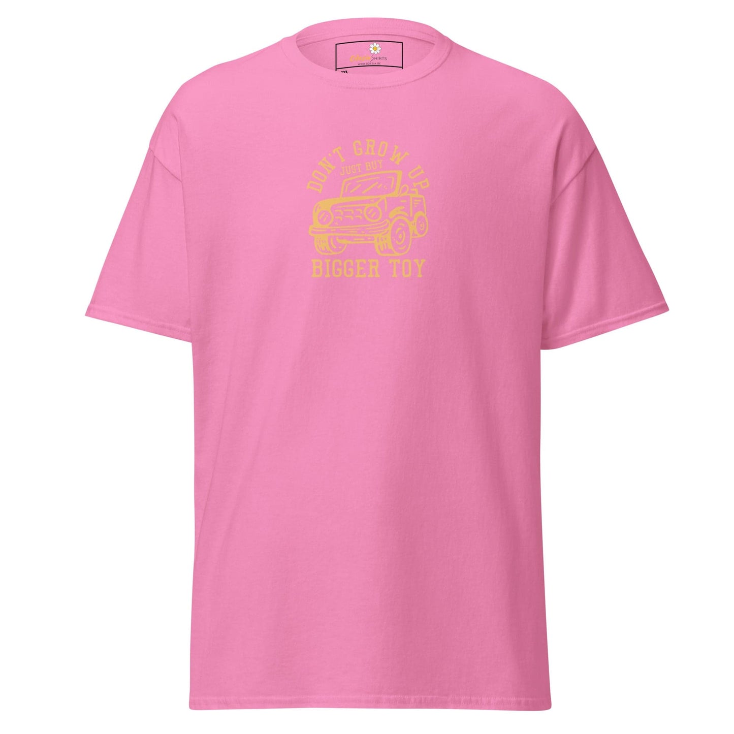 Pink t-shirt with graphic.