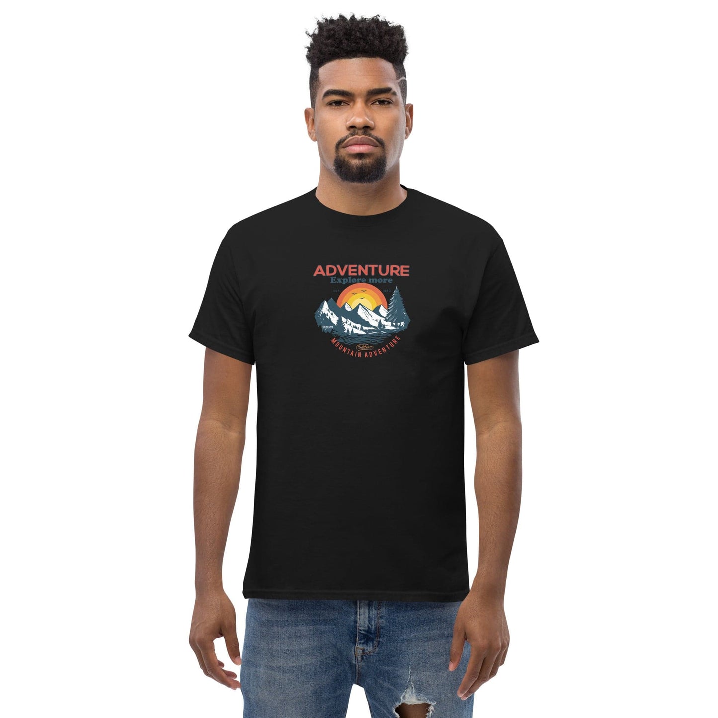 Black t-shirt with mountain graphic.