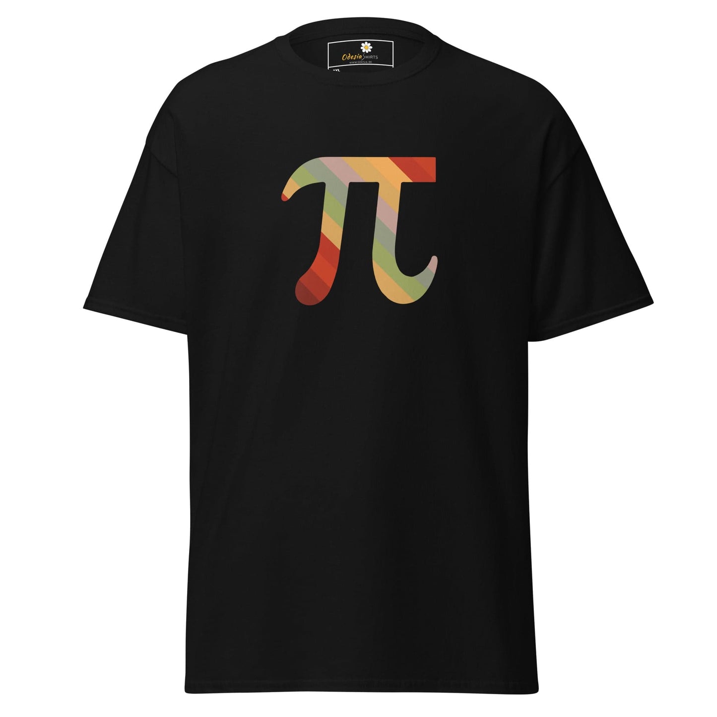 Black T-shirt with colorful Pi symbol, men’s and women’s sizes 2XL to 5XL