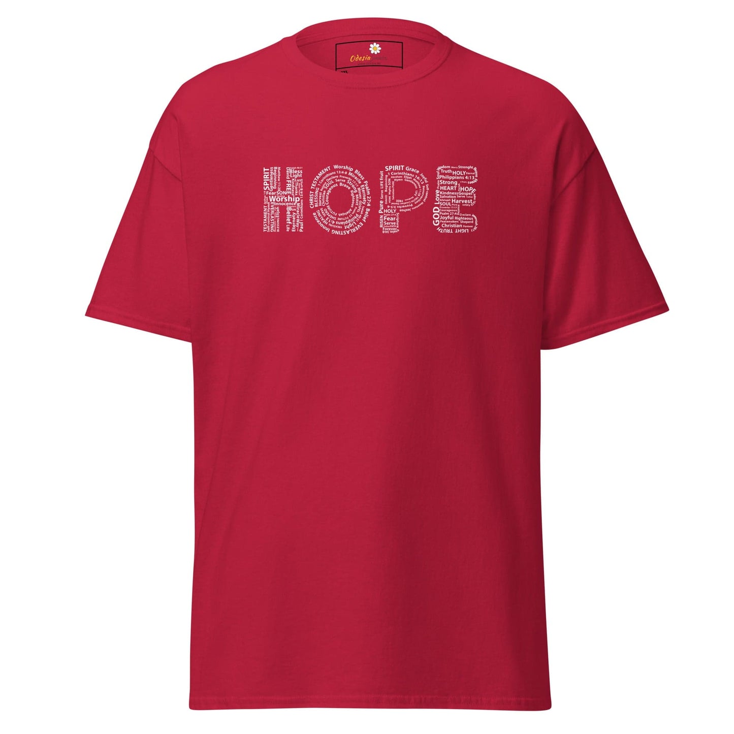 Red t-shirt with ’HOPE’ word art.
