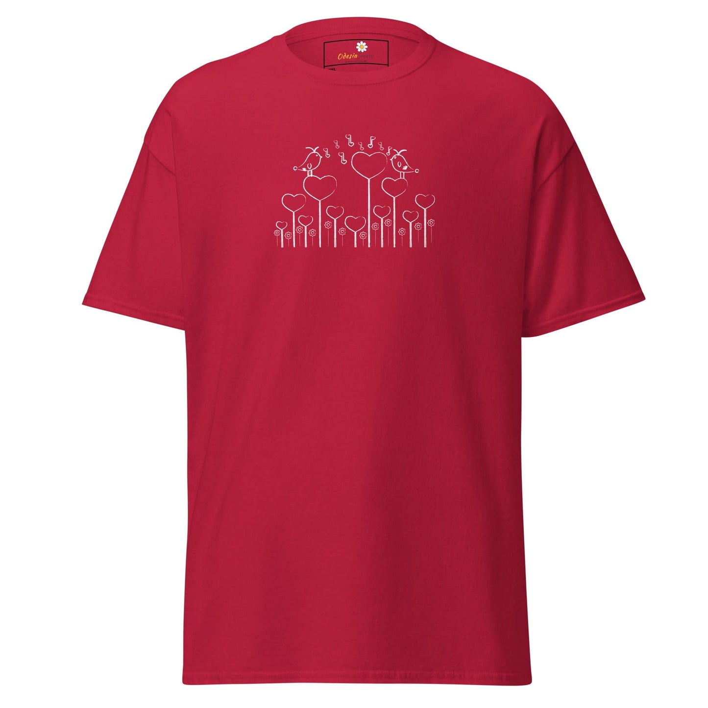 Red T-shirt with heart and bird design for Men and Women in sizes 2XL to 5XL