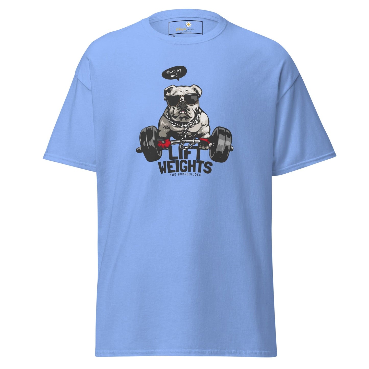 Light blue t-shirt.