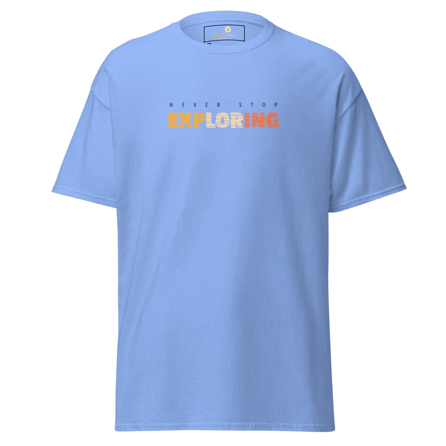 Light blue t-shirt with Never Stop Exploring text from T-SHIRT DESIGN TEE for Men and Women