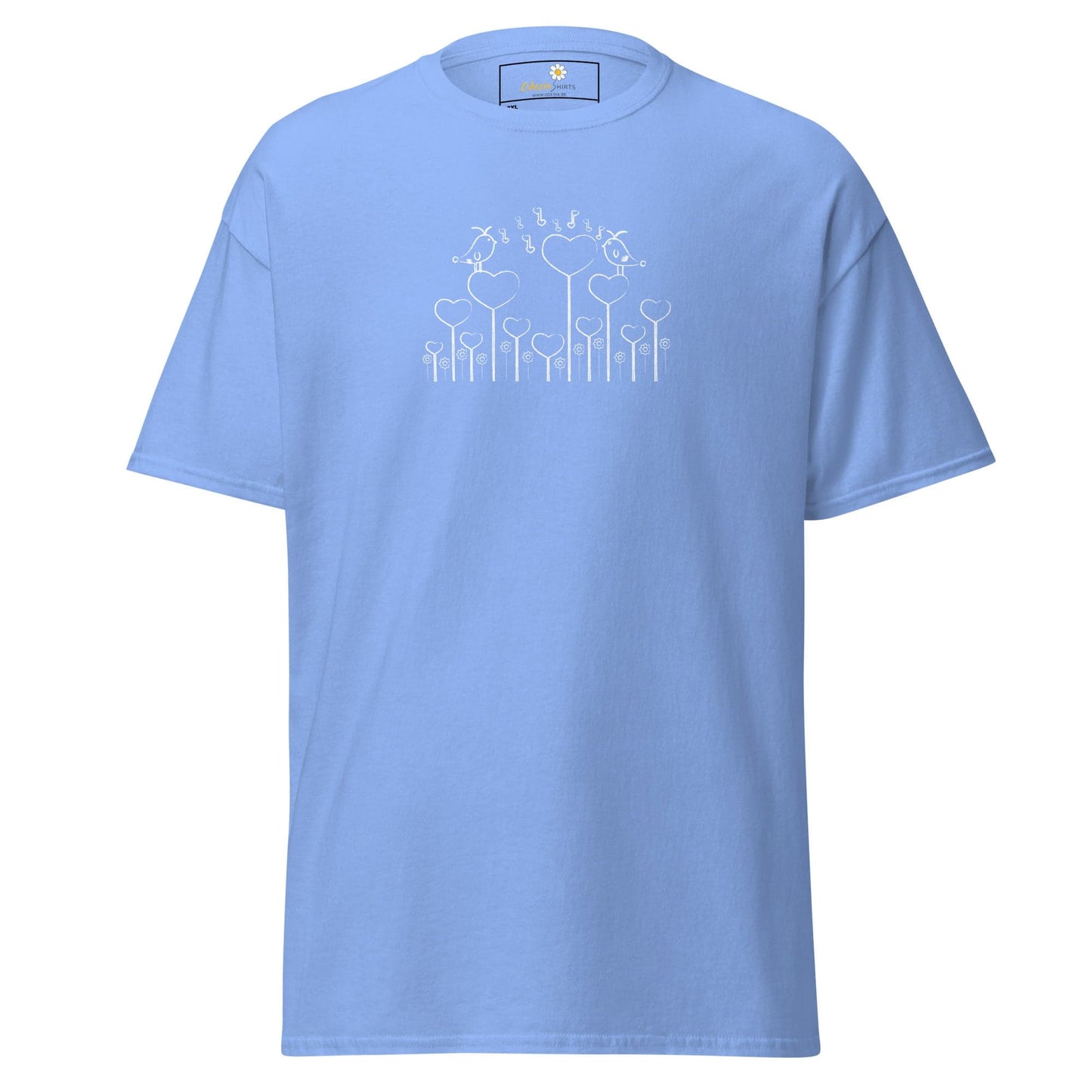 Light blue t-shirt featuring heart and bird design for Men and Women in 2XL to 5XL sizes