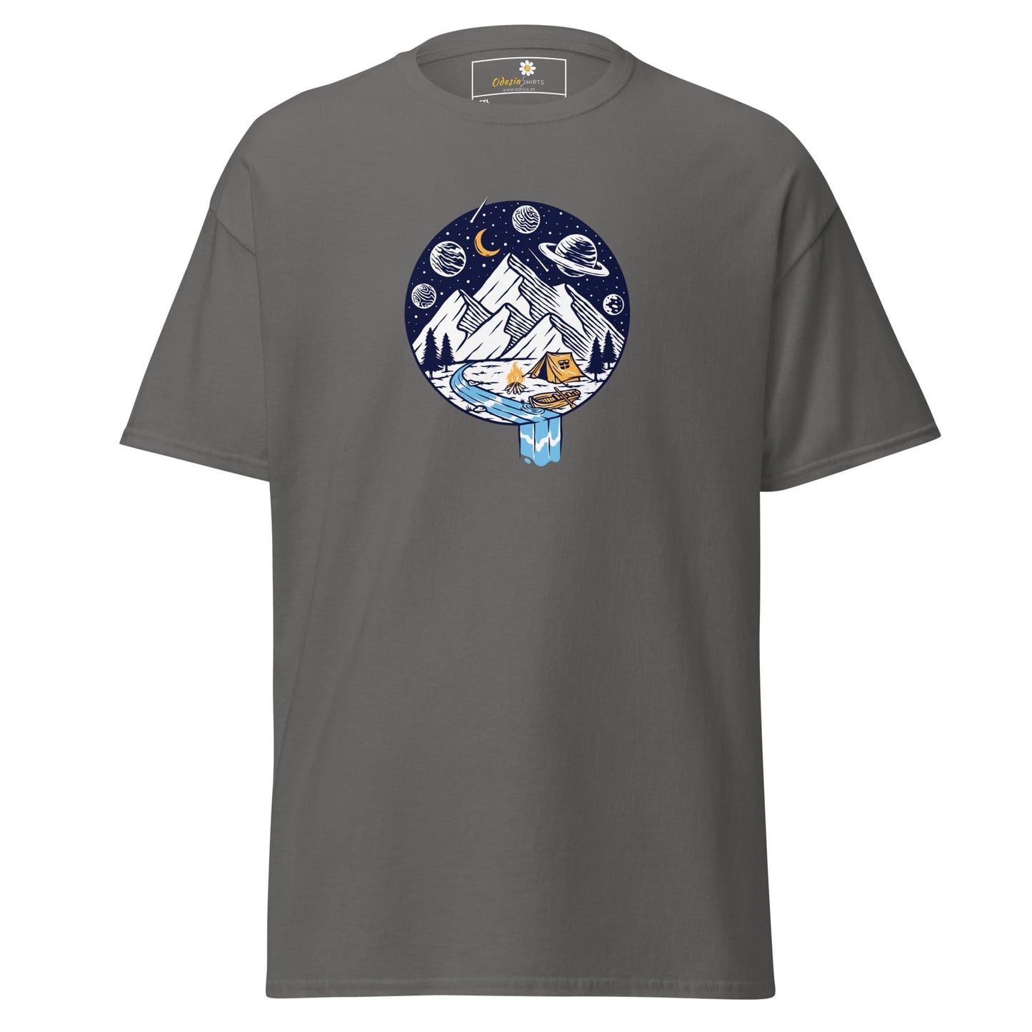 Gray t-shirt with mountain scene graphic.
