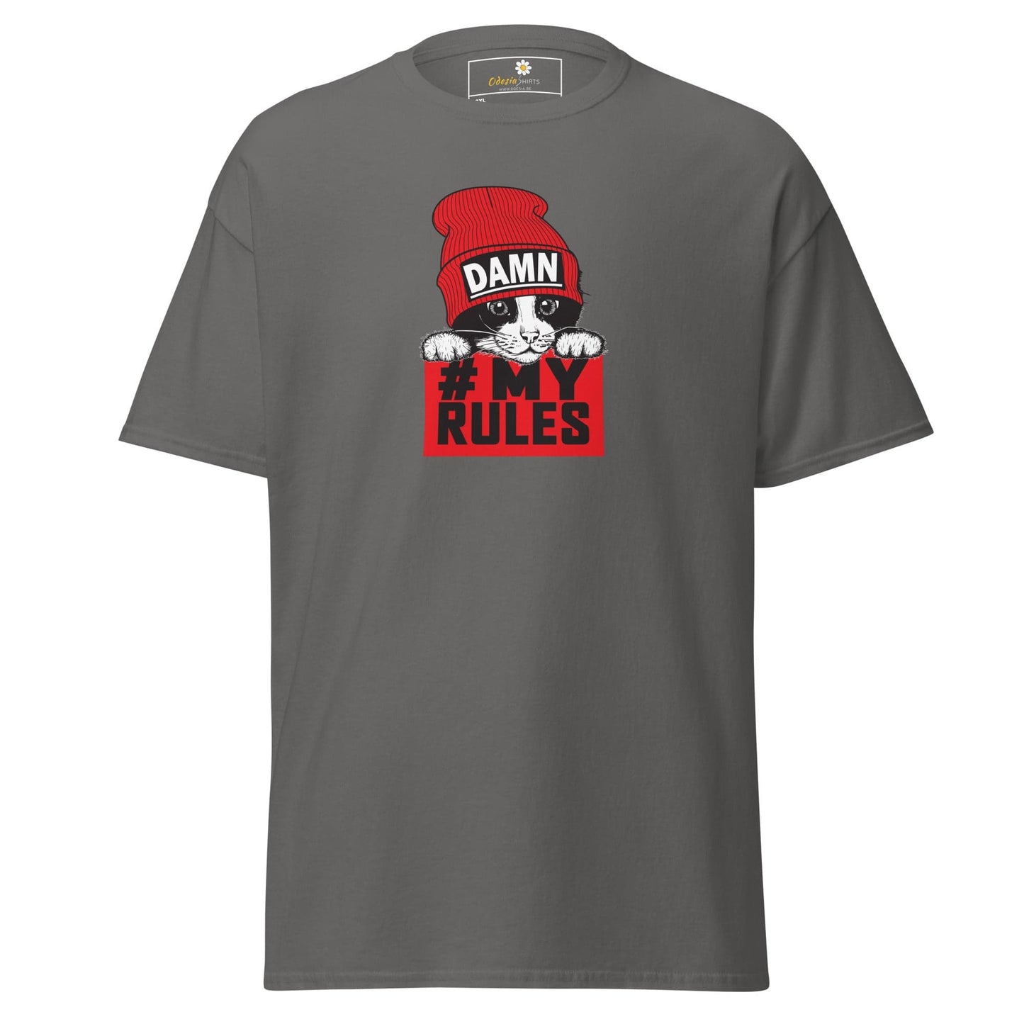 Gray t-shirt with cat graphic.