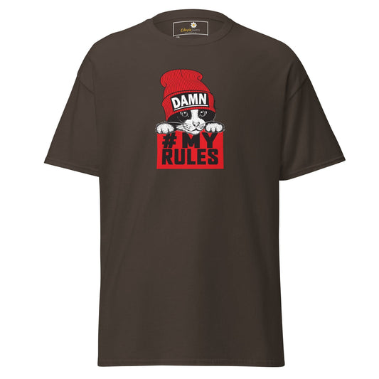 Brown t-shirt with cat graphic.