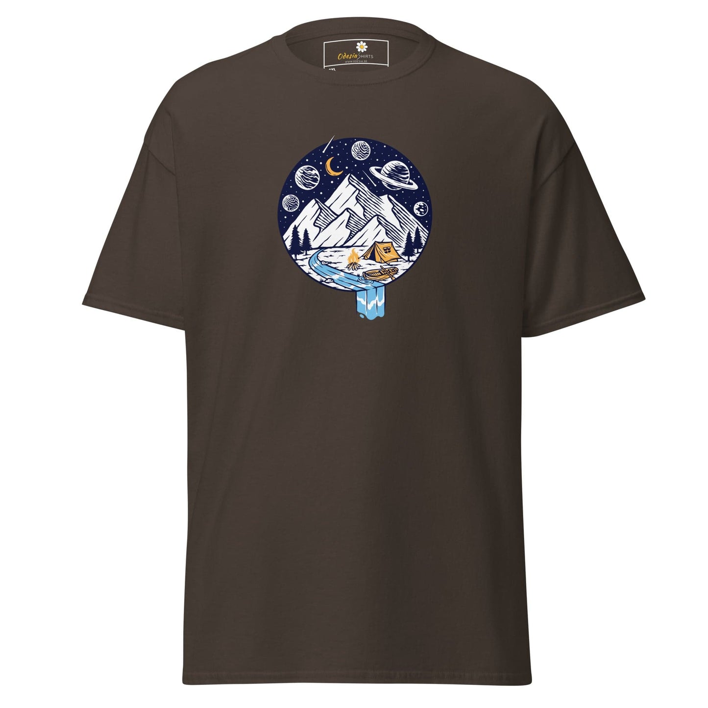 Brown t-shirt with mountain and space graphic.