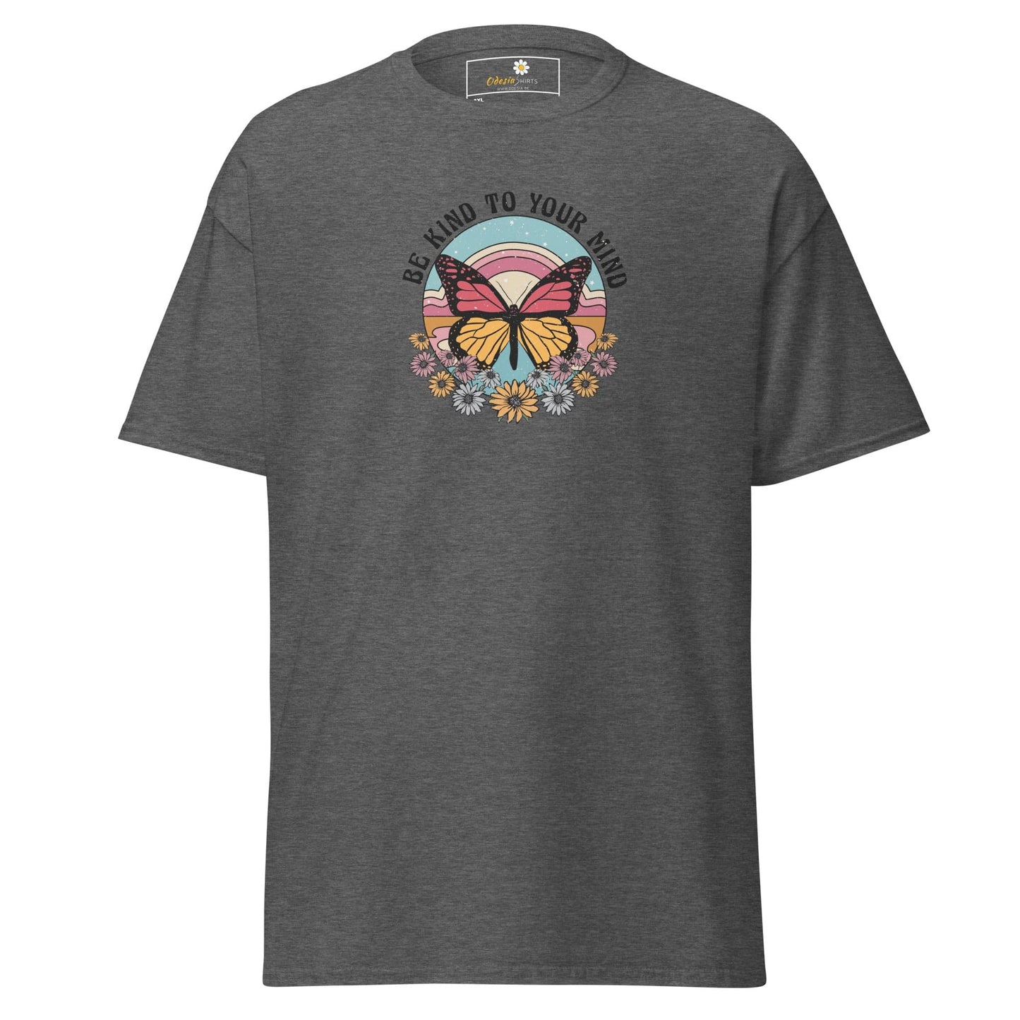 Gray t-shirt with butterfly graphic.