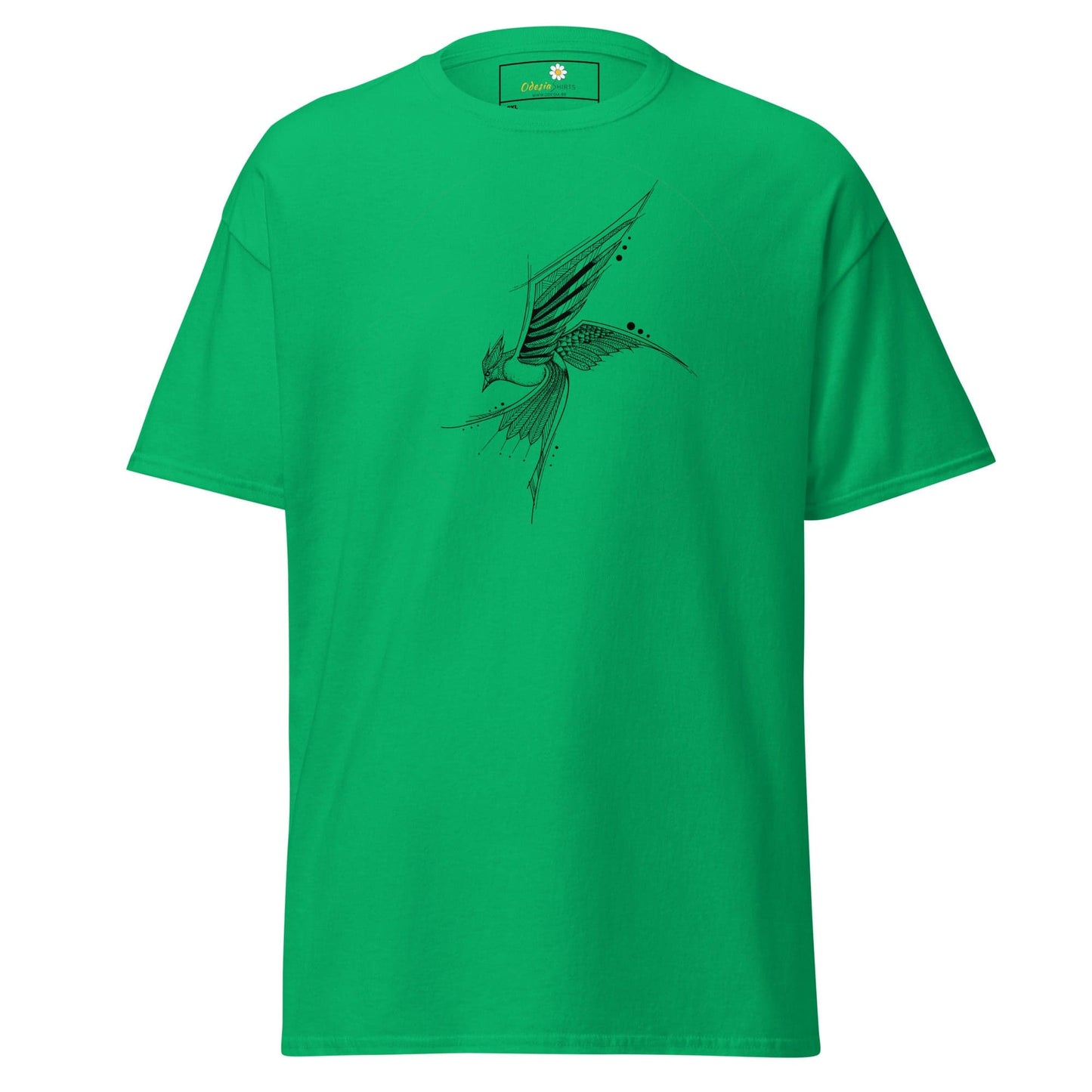 Green T-shirt with bird design for men and women in sizes 2XL to 5XL