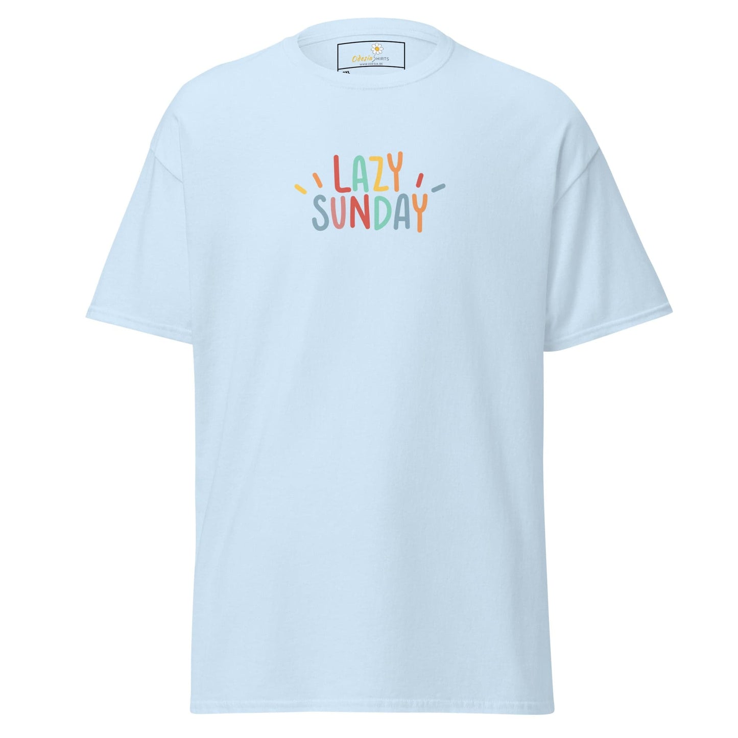 Light blue t-shirt with ’Lazy Sunday’ text.