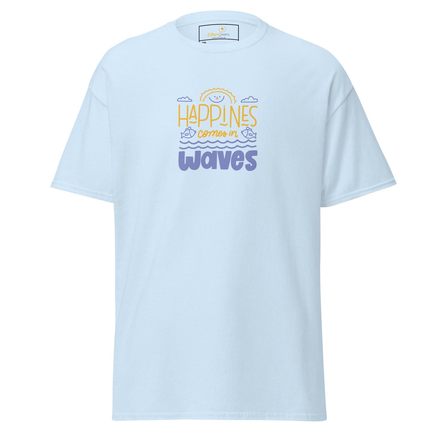 Light blue T-shirt with graphic design for men and women in 2XL to 5XL sizes