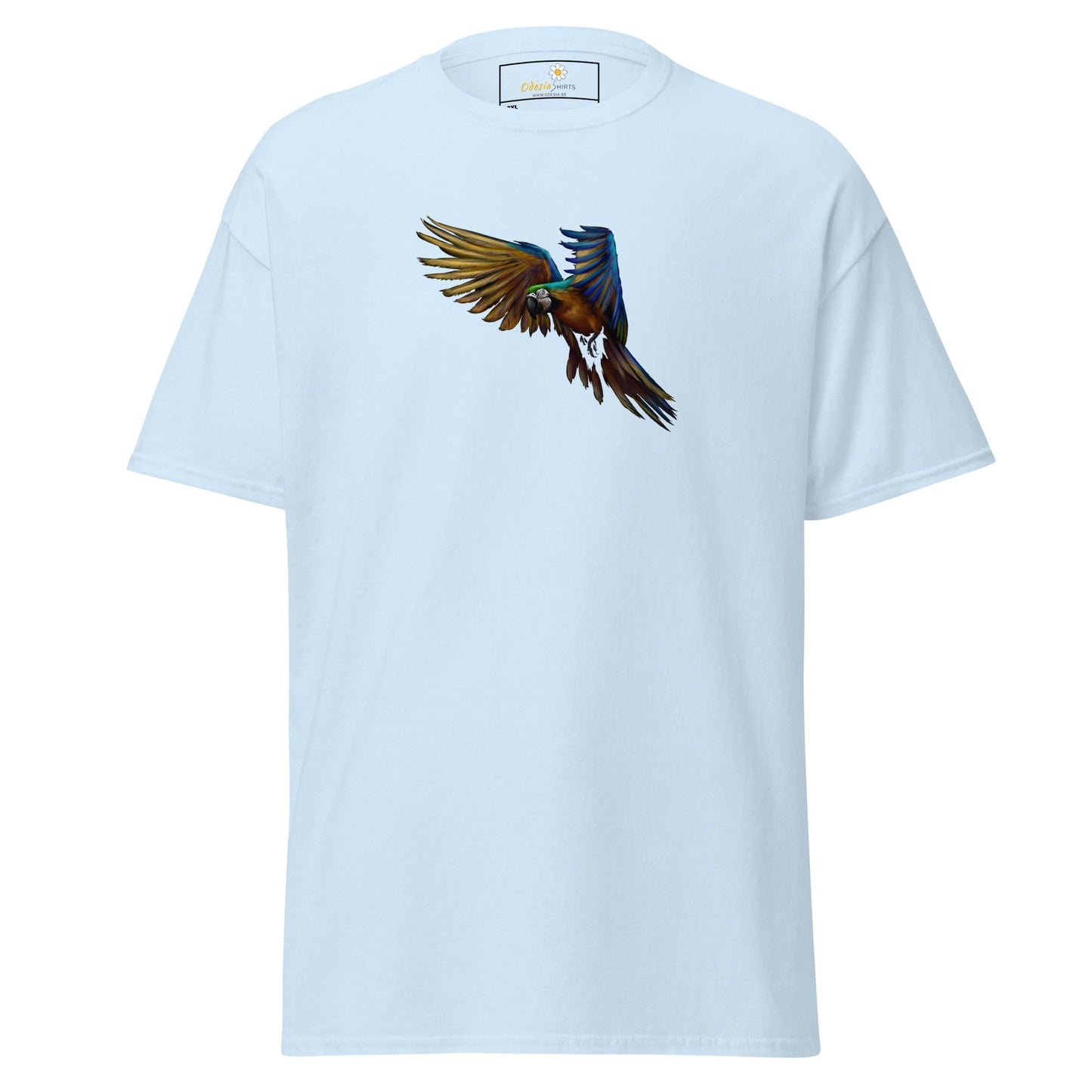 Light blue men’s and women’s T-shirt with a vibrant parrot graphic in 2XL to 5XL sizes