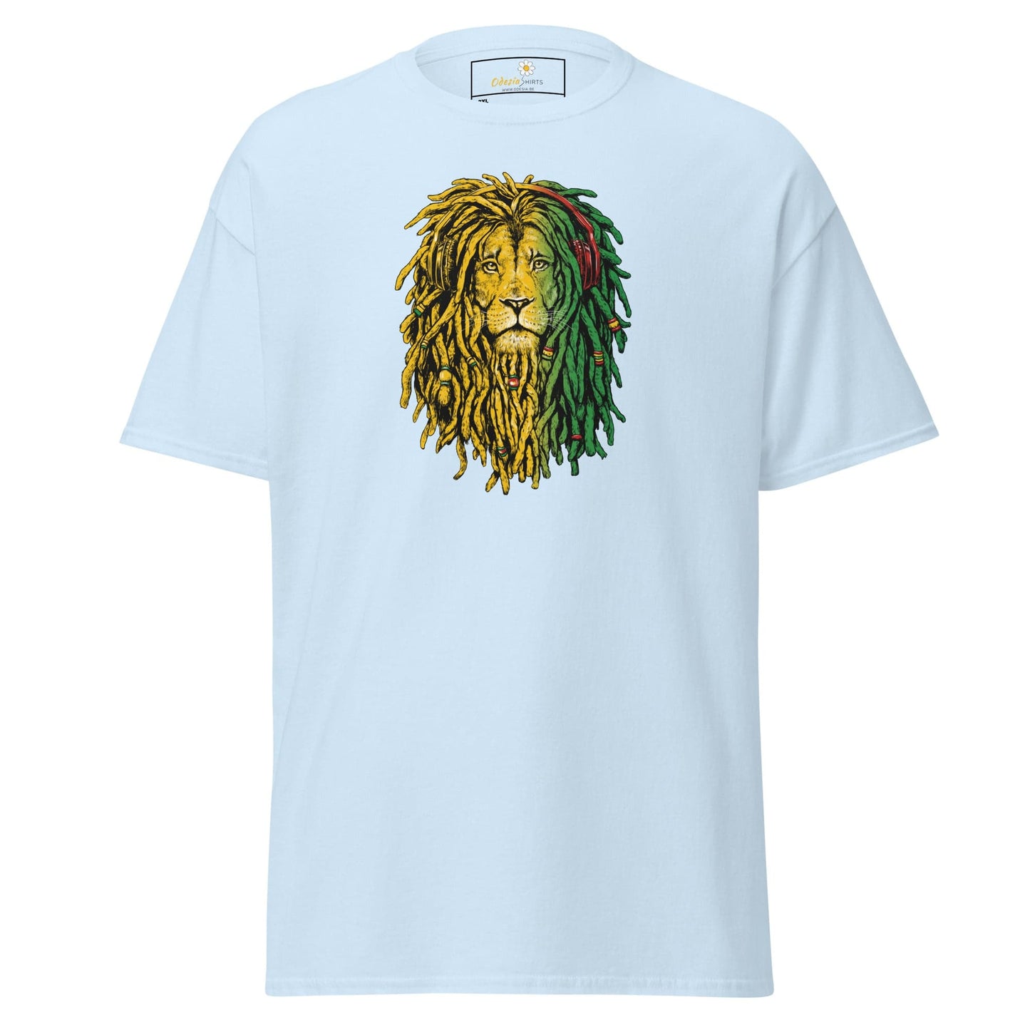 Light blue t-shirt with lion graphic.