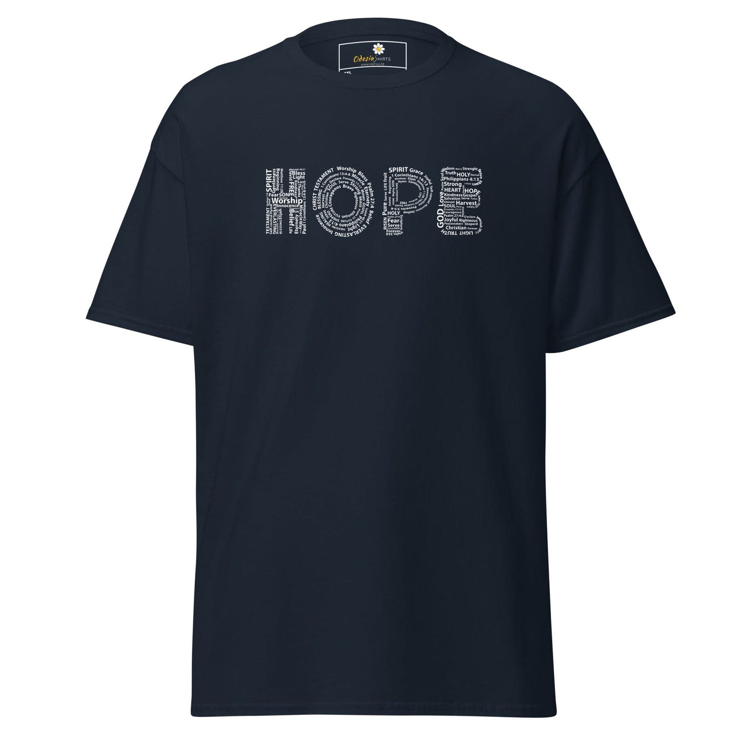 Navy blue t-shirt with ’HOPE’ graphic.