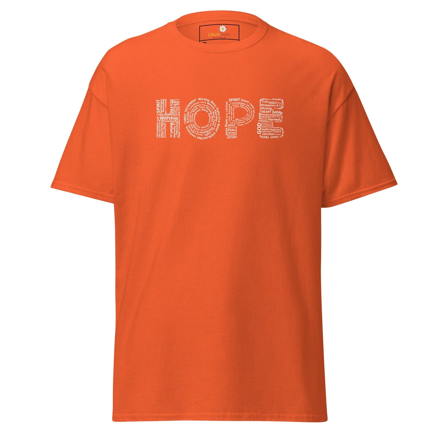 Orange t-shirt with ’HOPE’ text design.