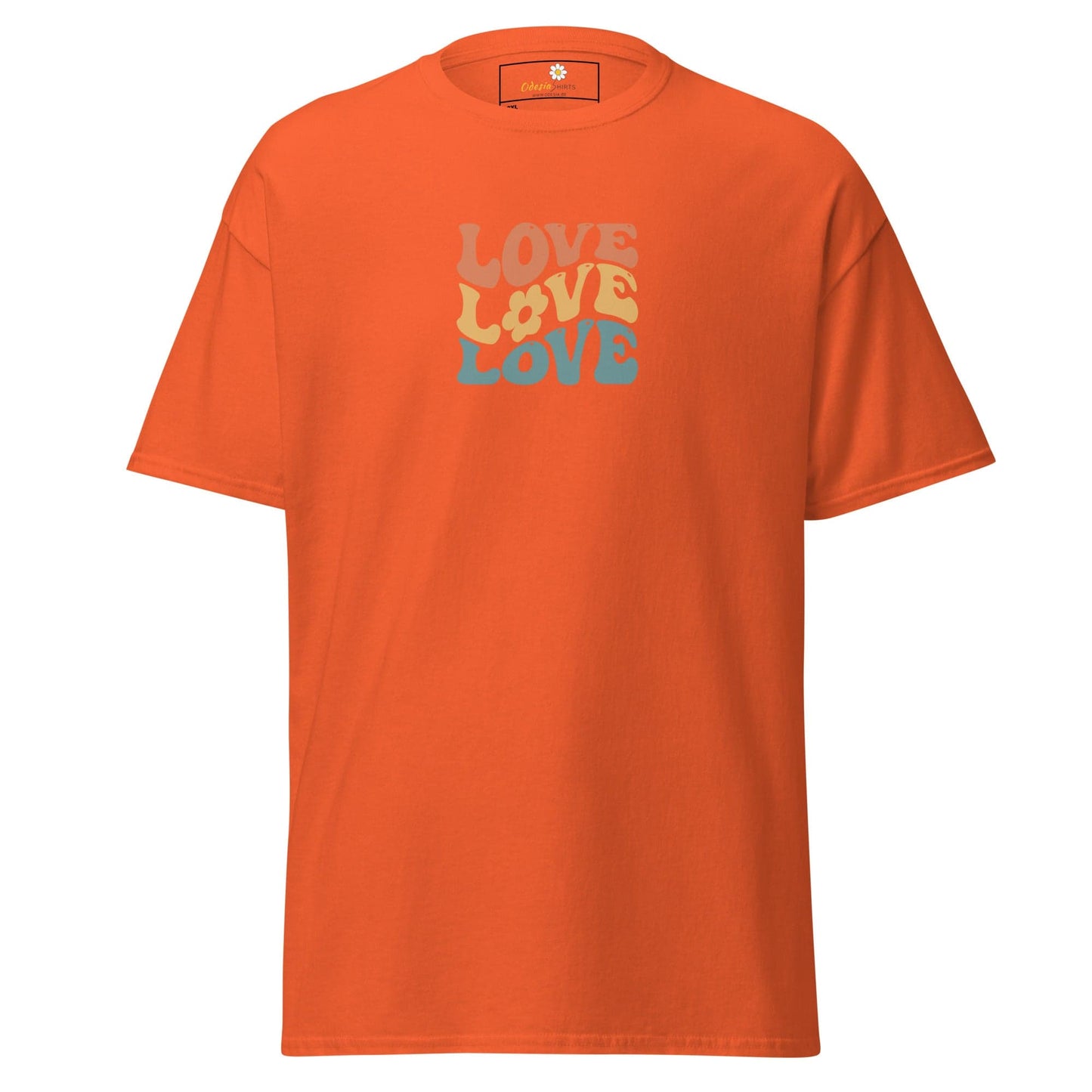 Orange t-shirt with ’LOVE’ text.