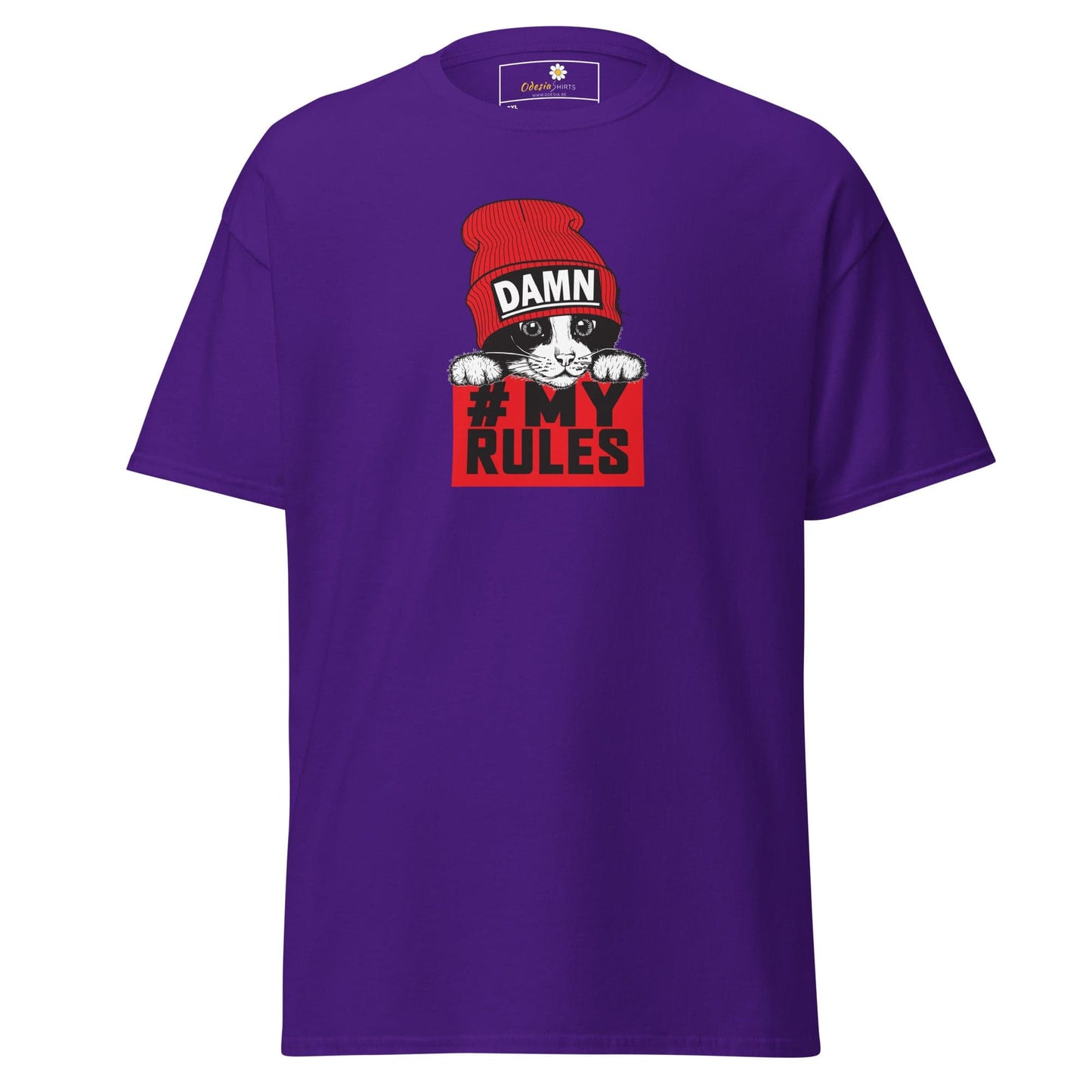 Purple t-shirt with cat graphic.