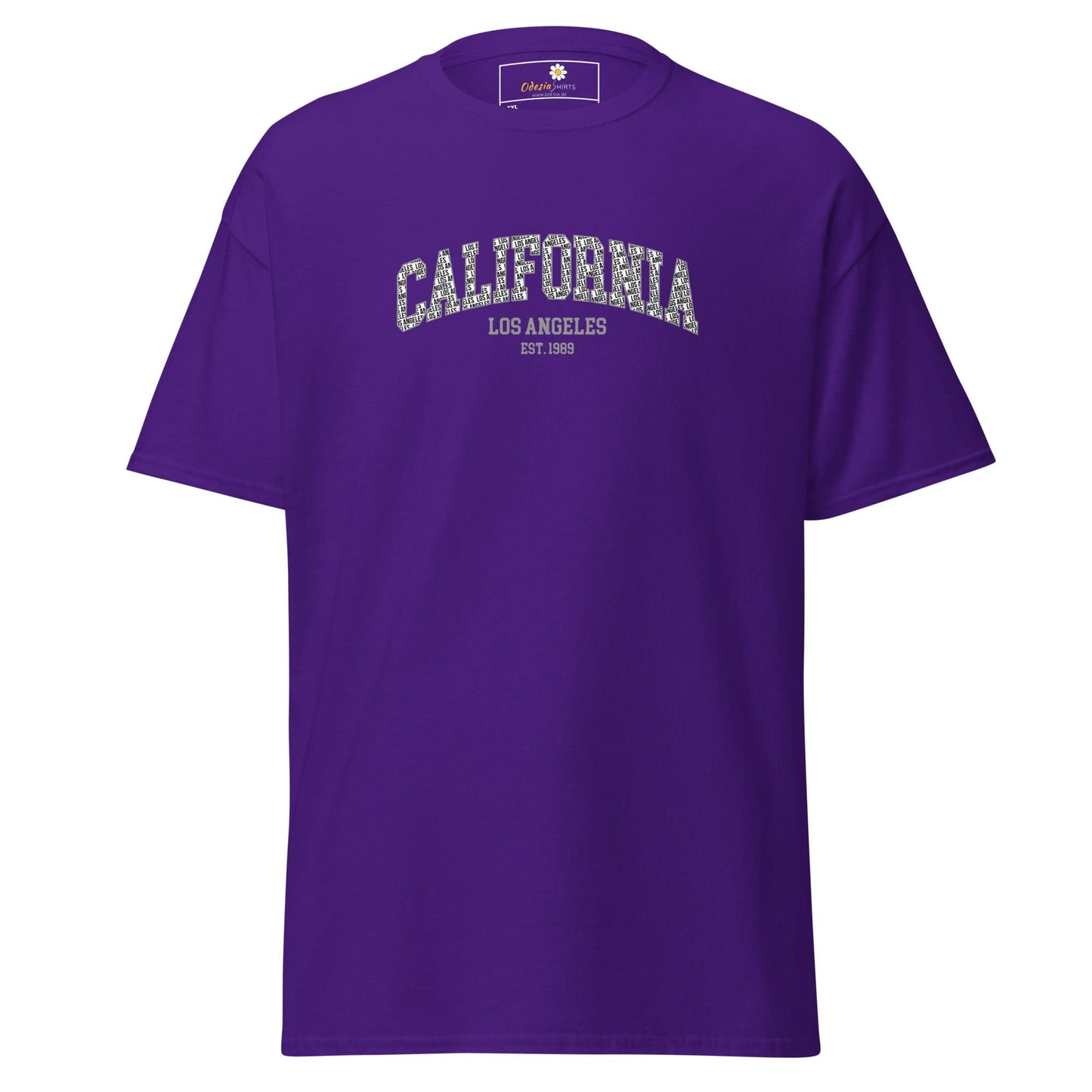 Purple t-shirt with ’California’ graphic.