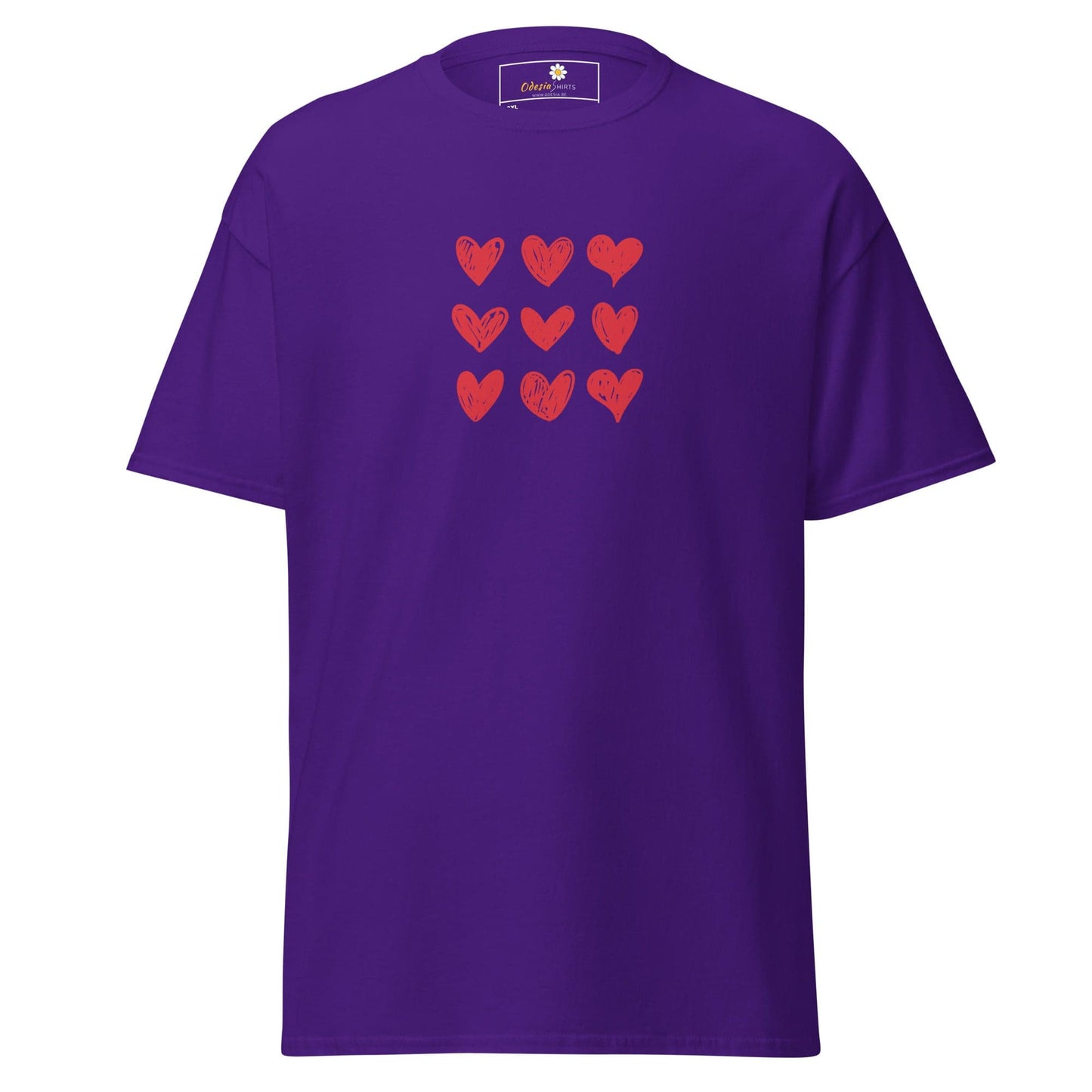 Purple t-shirt with red heart pattern.