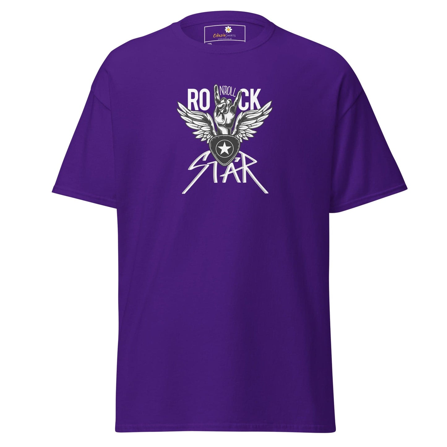 Purple T-shirt with rock star graphic for men and women in sizes 2XL to 5XL