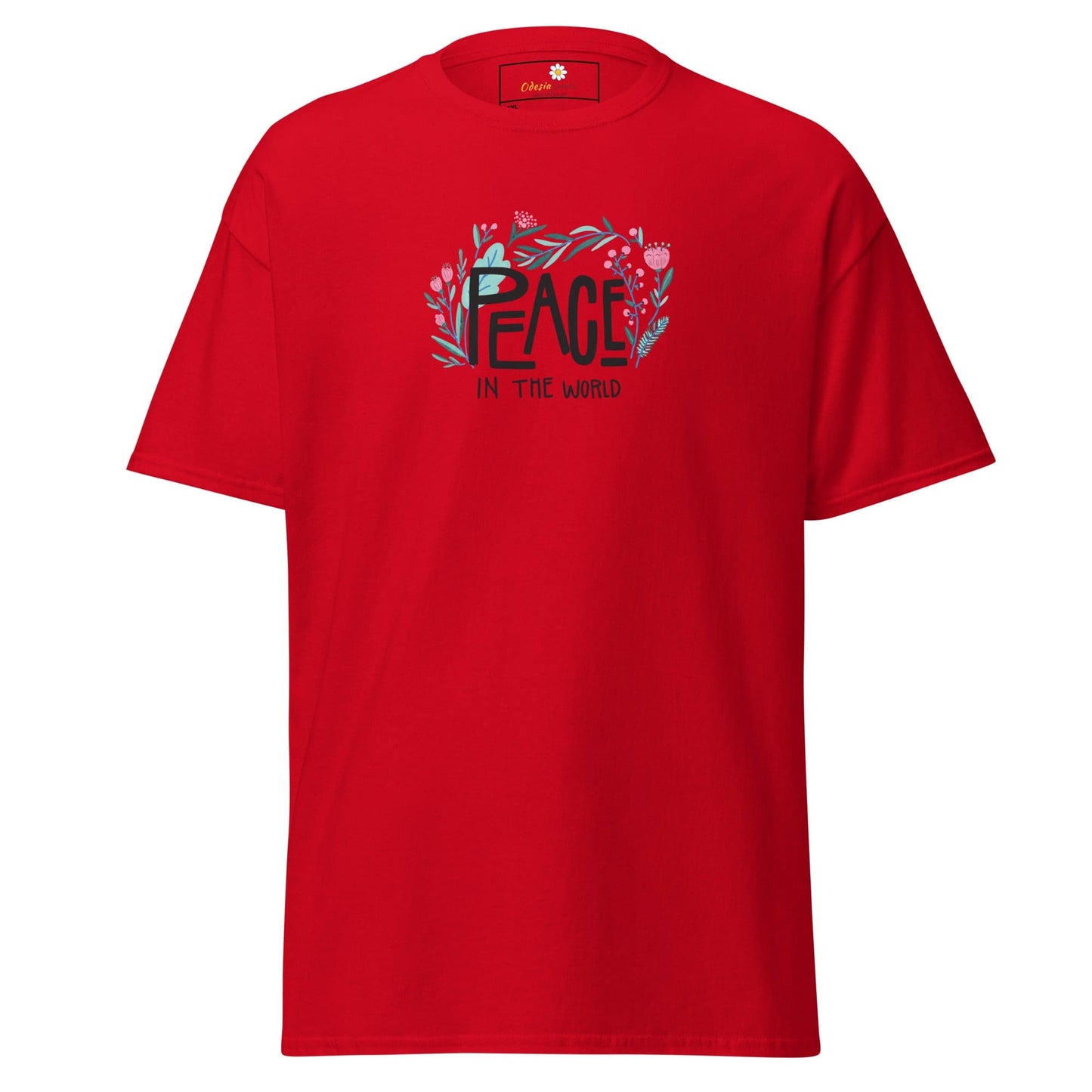Red T-shirt with Peace in the World graphic from T-SHIRT DESIGN TEE collection