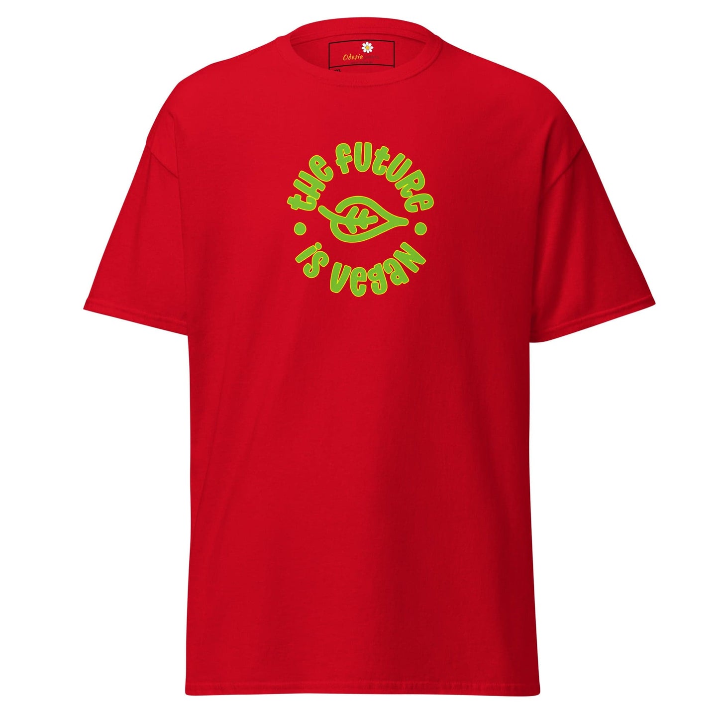 Red t-shirt with vegan message.