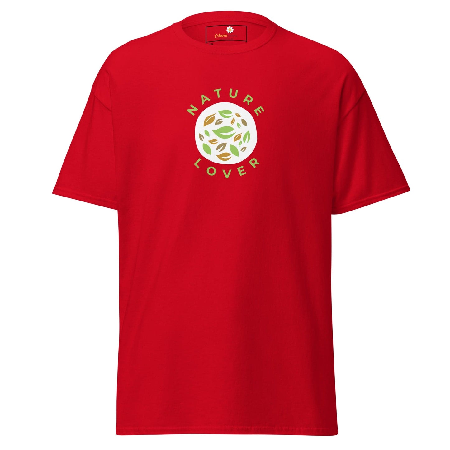 Red t-shirt with nature-themed graphic.