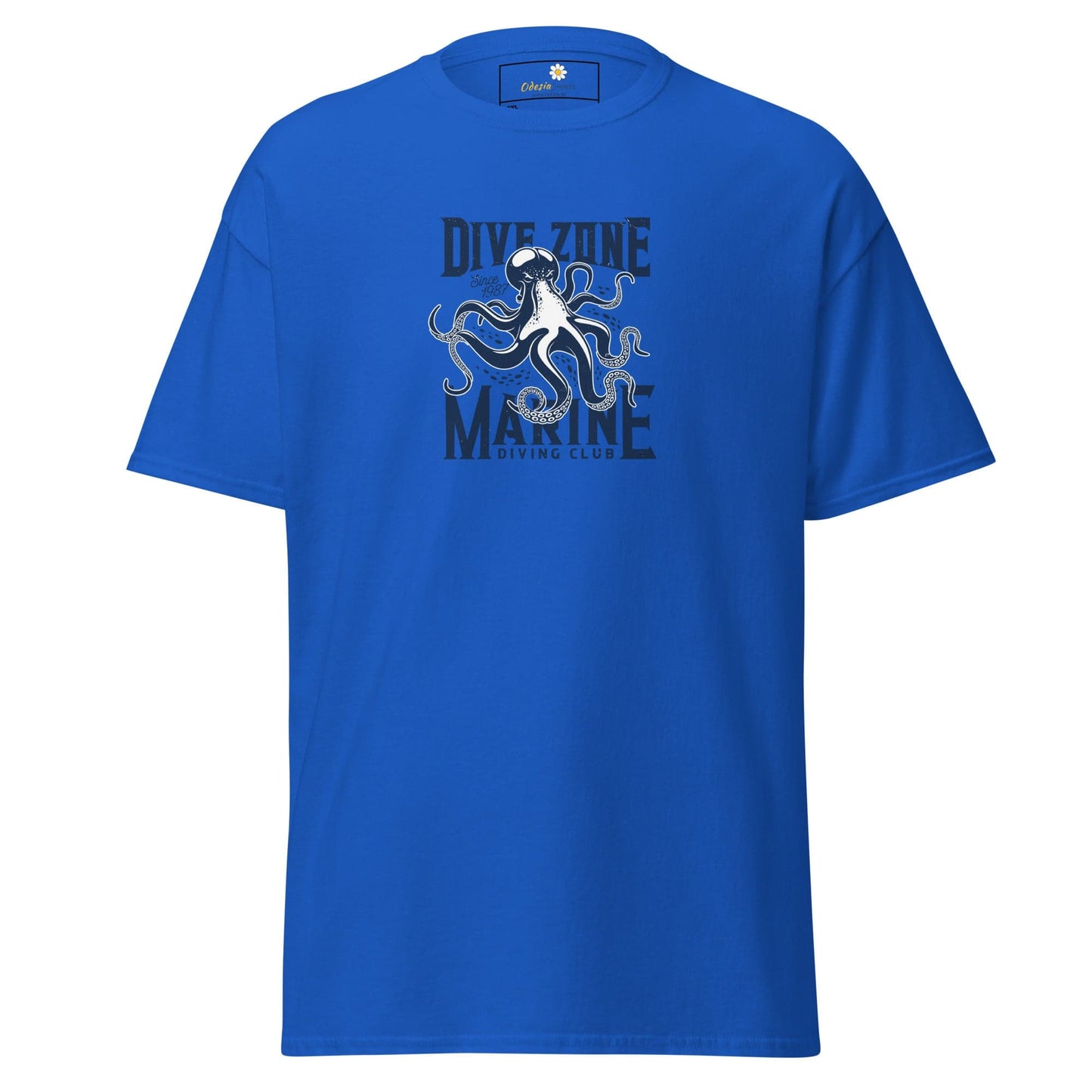Blue t-shirt with octopus graphic.