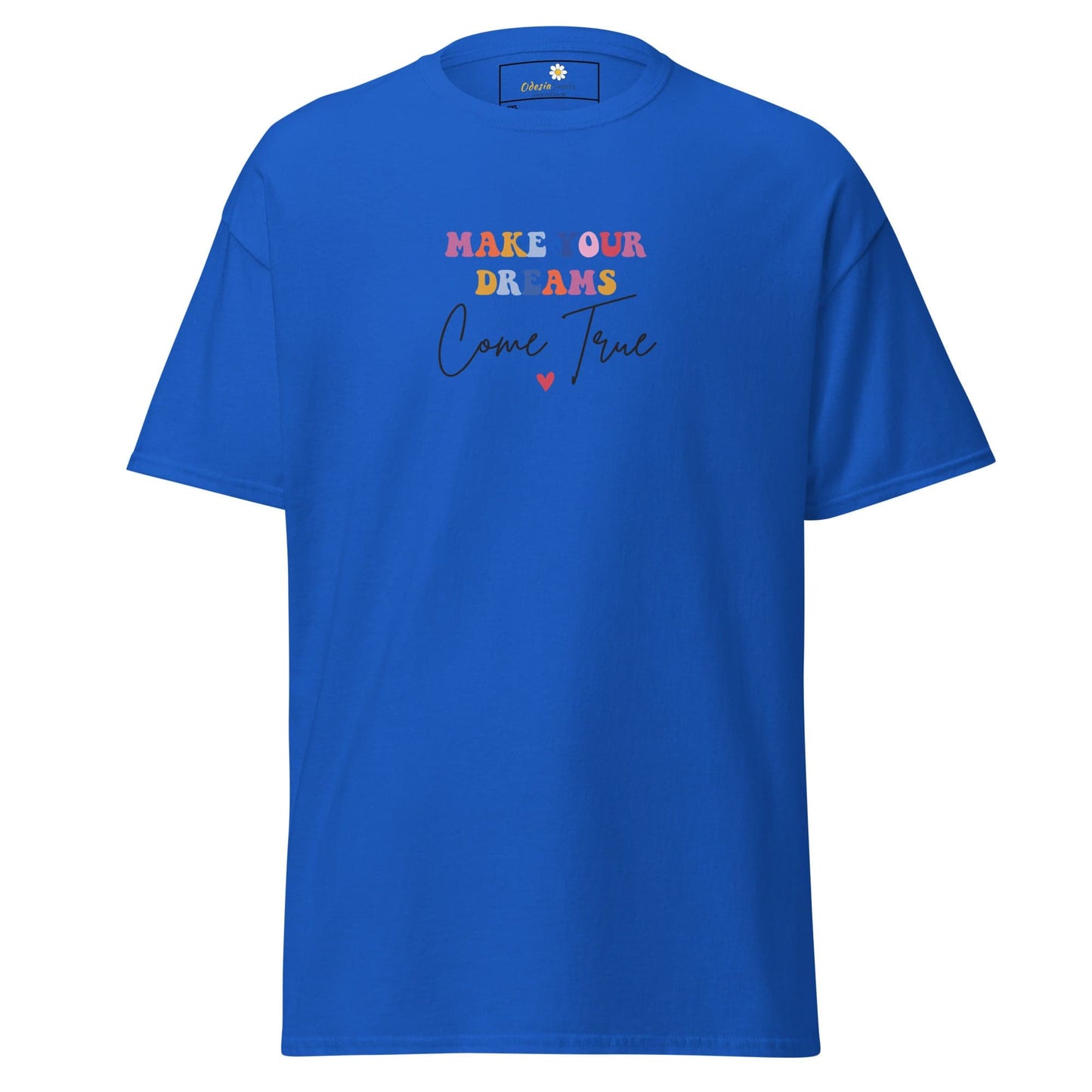 Blue t-shirt with colorful text.