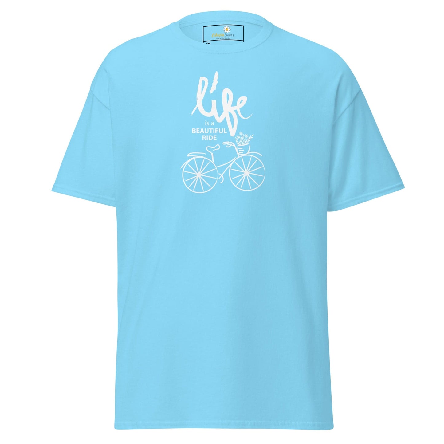 Light blue T-shirt with bicycle graphic for men and women in 2XL to 5XL sizes